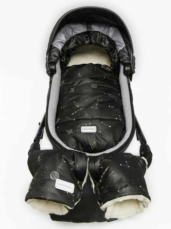 Конверт зимний меховой AMAROBABY Snowy Baby, 85 см - Космос, черный