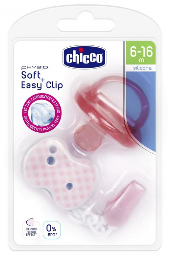 Пустышка Chicco Physio Soft + прищепка, силикон, 6-16м - Розовая