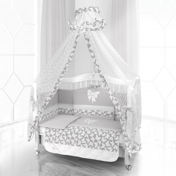 Набор в кроватку Beatrice Bambini - комплект белья Unico + балдахин Bianco Neve - Farfalino (120x60) bianco grigio