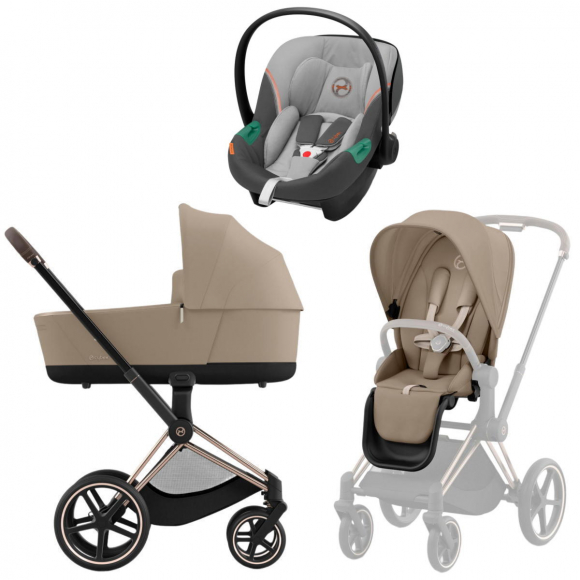 Коляска 3 в 1 Cybex Priam IV Rosegold и автокресло Aton S2 i-Size - Cozy Beige