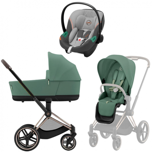 Коляска 3 в 1 Cybex Priam IV Rosegold и автокресло Aton S2 i-Size - Leaf Green