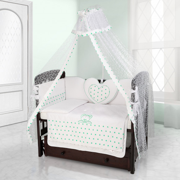 Набор в кроватку Beatrice Bambini - комплект белья Cuore + балдахин Di Fiore - Stella bianco bianco verde