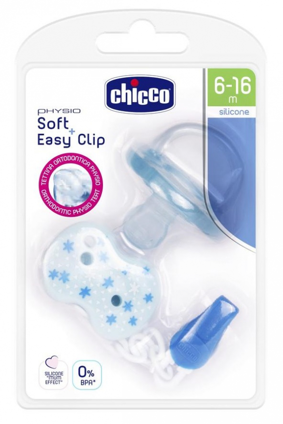 Пустышка Chicco Physio Soft + прищепка, силикон, 6-16м - Голубая