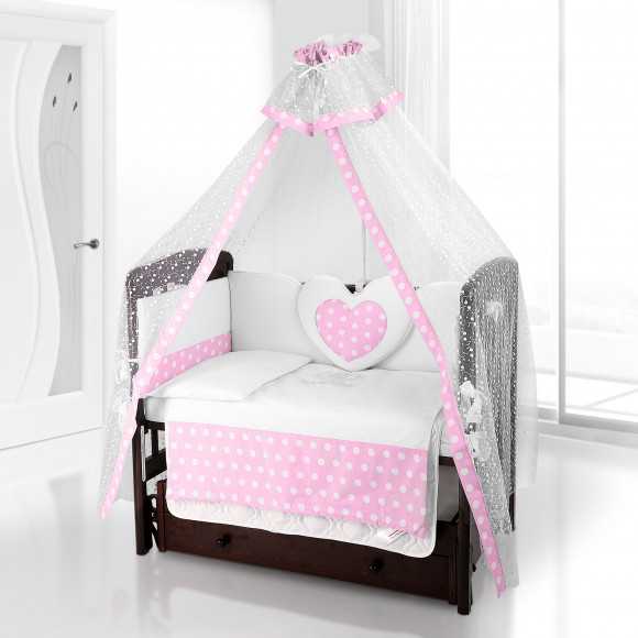 Набор в кроватку Beatrice Bambini - комплект белья Cuore + балдахин Di Fiore - Anello bianco rosa