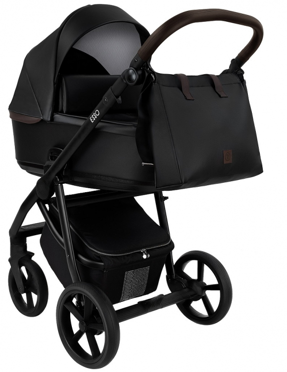 Коляска 2 в 1 Roan Esso Кожа - Black /Black/руч.Тем.коричневый