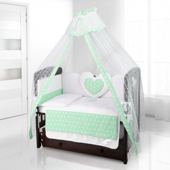 Набор в кроватку Beatrice Bambini - комплект белья Cuore + балдахин Di Fiore - Stella bianco verde