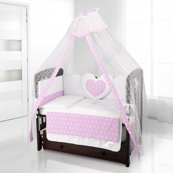 Набор в кроватку Beatrice Bambini - комплект белья Cuore + балдахин Di Fiore - Stella bianco bianco rosa